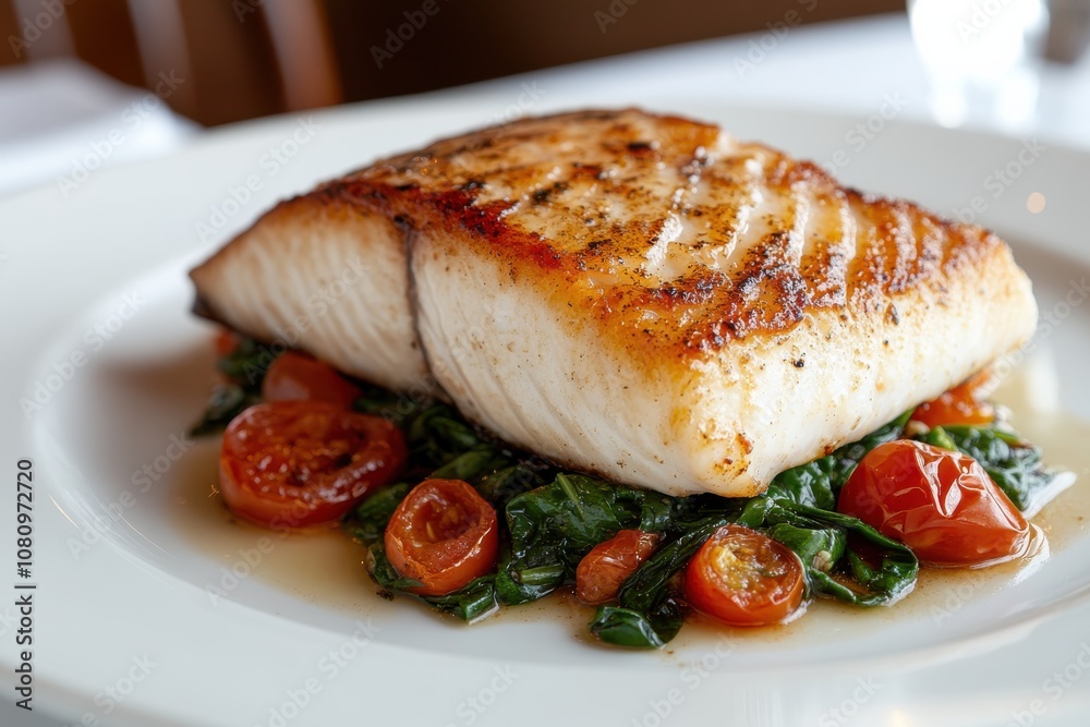 A scrumptious golden-brown fish fillet rests on a sautéed spinach bed, accompanied by juicy cherry tomatoes and garnished elegantly on a white plate.