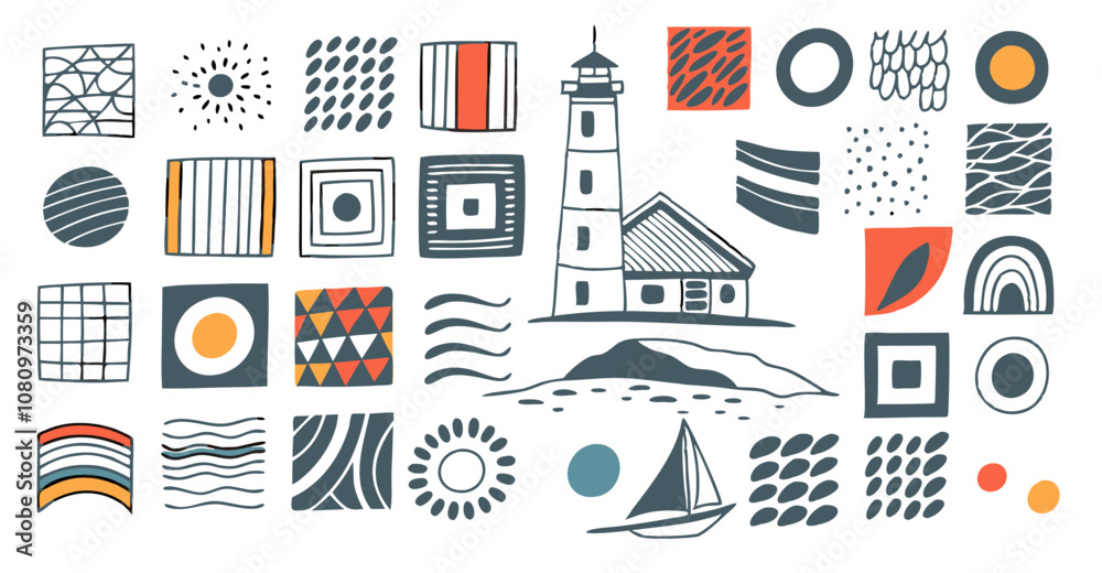 Fototapeta premium lighthouse sailboat geometric shapes patterns minimal style, hand element ethnic drawn