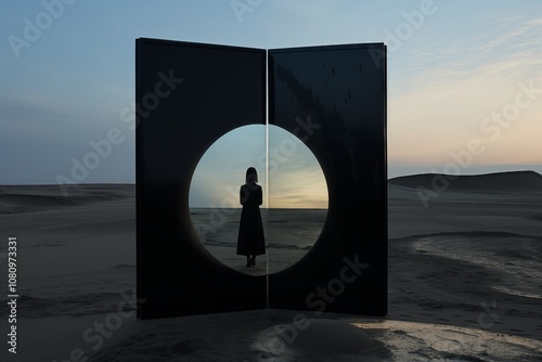 A silhouette of a person stands framed by a circular mirror against a serene landscape at dusk. photo