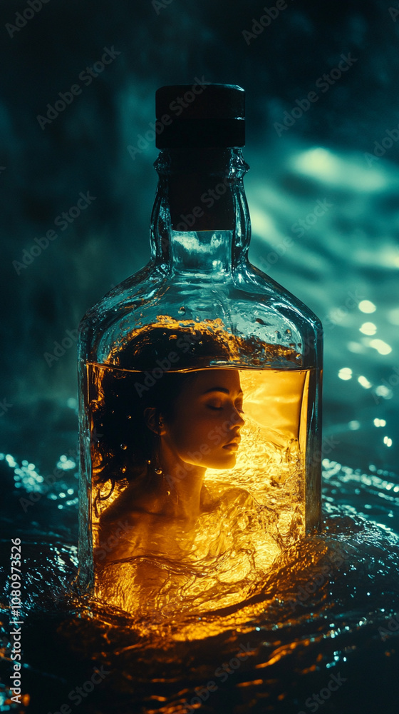 man inside a bottle, drowning