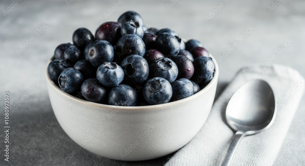 Fresh blueberries in bowl with spoon on textured surface Fresh blueberries in bowl with spoon on textured surface
