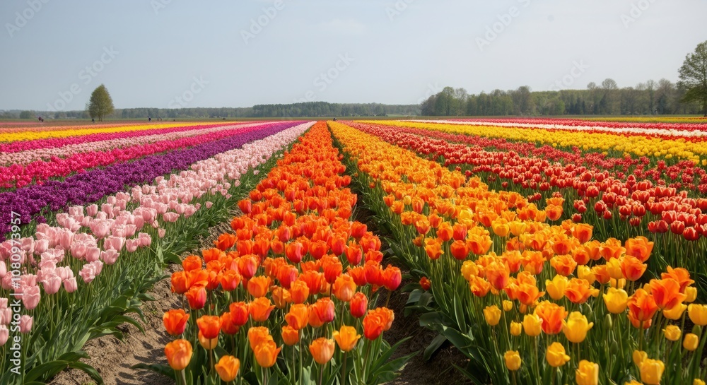 Colorful tulip fields in vibrant bloom clear blue sky Colorful tulip fields in vibrant bloom clear blue sky