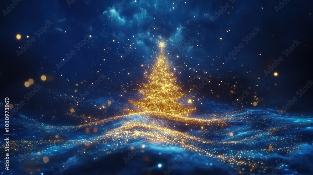 Radiant Golden Particles Creating an Abstract Christmas Tree on a Deep Blue Backdrop with a Festive Glow Radiant Golden Particles Creating an Abstract Christmas Tree on a Deep Blue Backdrop with a Festive Glow