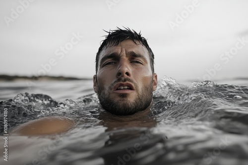 A skillful swimmer courageously makes their way through the strong sea waves, embodying resilience and strength, with water splashing energetically around them. photo