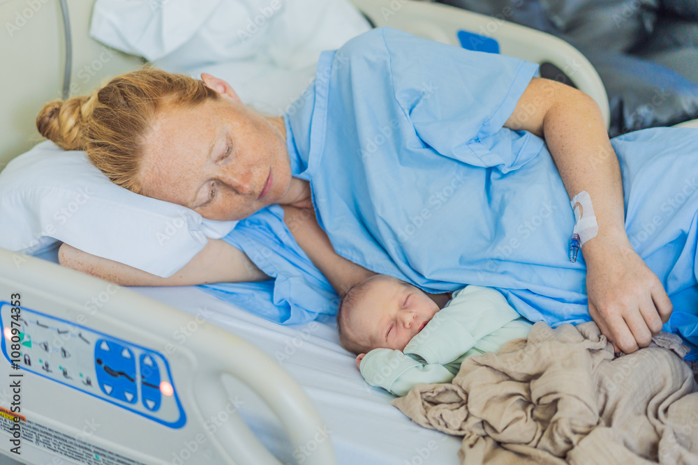 A baby lies with the mother after childbirth, resting peacefully. The serene moment captures the bond between mother and child as they begin their journey together. The hospital environment ensures a
