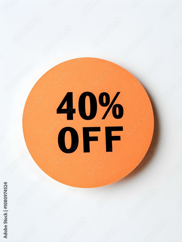 Black '40% OFF' Text on a Light Orange Round Paper Note. White Background Black '40% OFF' Text on a Light Orange Round Paper Note. White Background