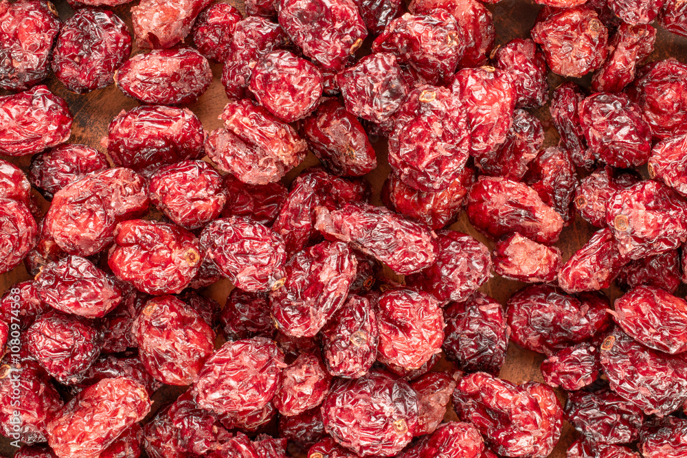 Dried cranberries, top view, macro.