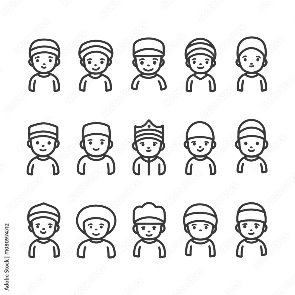 A collection of 15 line art icons depicting smiling children wearing various hats A collection of 15 line art icons depicting smiling children wearing various hats