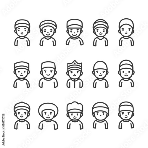 A collection of 15 line art icons depicting smiling children wearing various hats