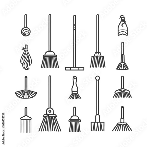 A Collection of 15 Line Drawings of Different Types of Brooms and Rakes