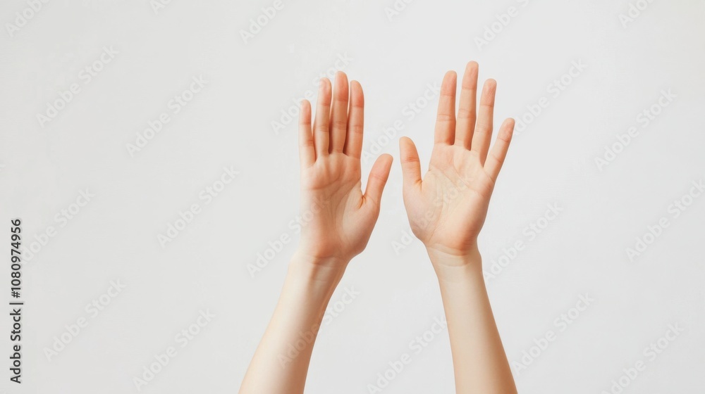 Two Open Hands Raised Up Against White Background Two Open Hands Raised Up Against White Background