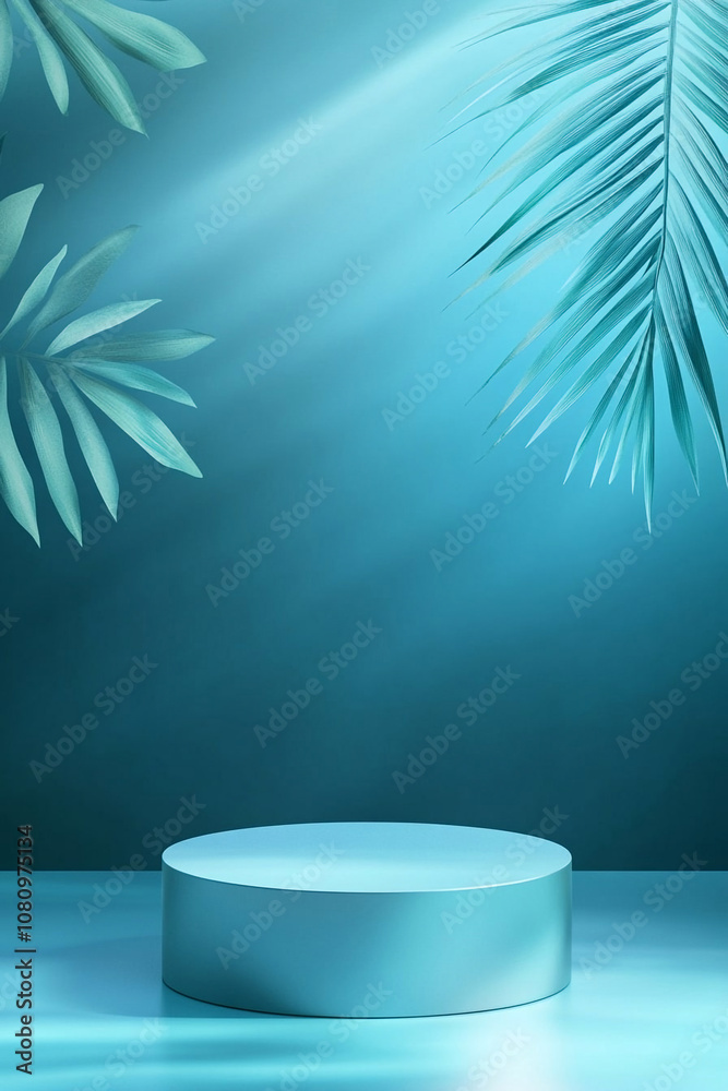 Round 3D podium in blue framed with tropical leaves Round 3D podium in blue framed with tropical leaves
