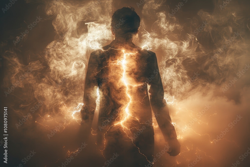 Silhouette of a Man with Lightning Bolts Erupting from His Back in a Smoky Background Silhouette of a Man with Lightning Bolts Erupting from His Back in a Smoky Background
