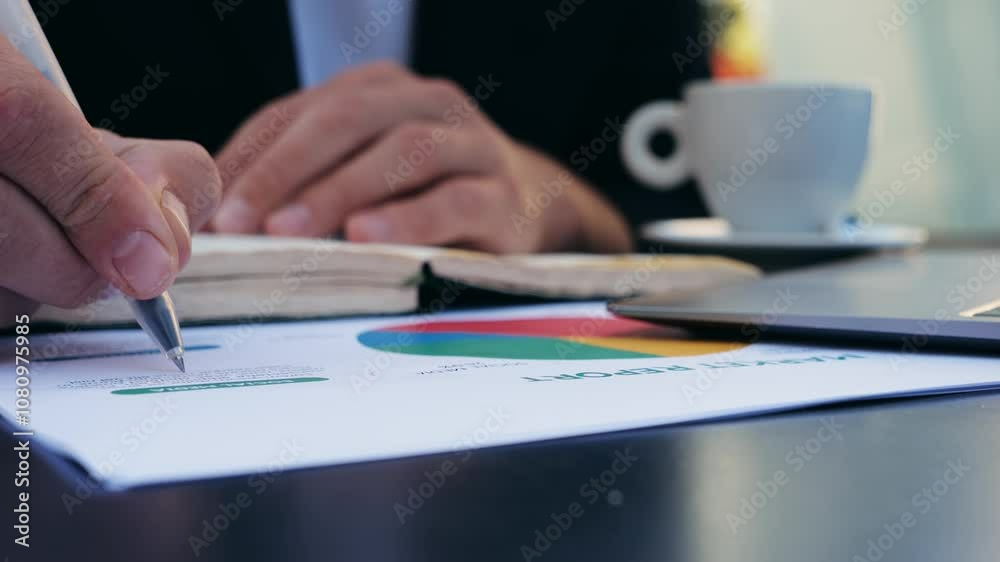 Hands of lawyer with documents pointing at paper for businessman signing contract making marks in notebook. Man advisor helping mature client to fill up document Hands of lawyer with documents pointing at paper for businessman signing contract making marks in notebook. Man advisor helping mature client to fill up document