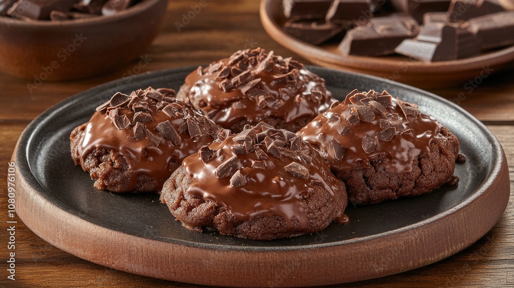 Plate of gooey chocolate cookies with soft centers, garnished with chocolate shavings, creating a delightful snack moment Plate of gooey chocolate cookies with soft centers, garnished with chocolate shavings, creating a delightful snack moment