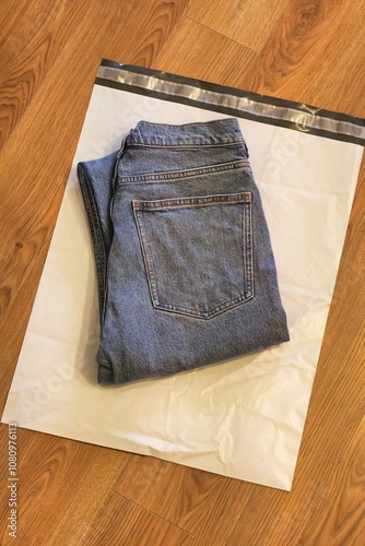 Selling or returning clothes; A close-up of the jeans before packing photo