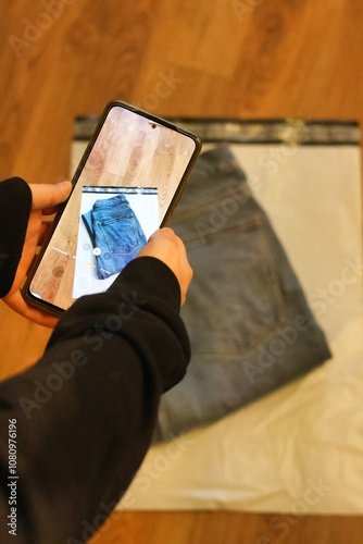 Selling or returning clothes; Close up of a person taking photos of jeans before packaging