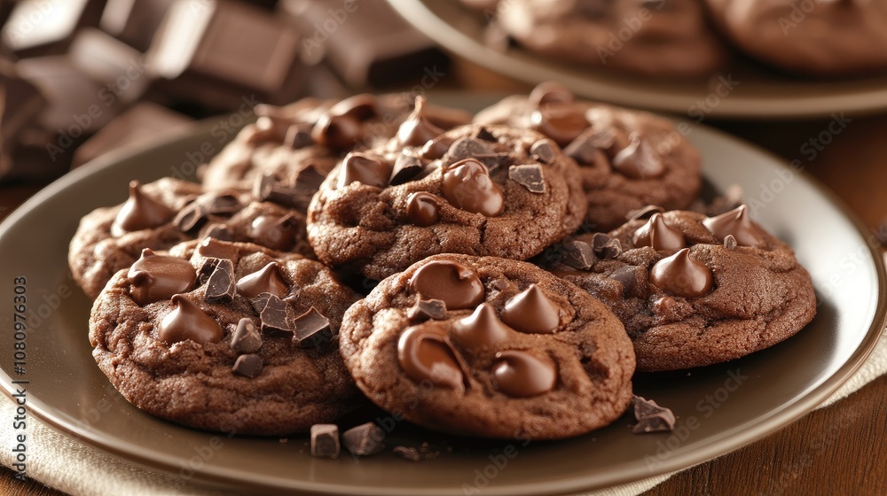 Plate of gooey chocolate cookies with soft centers, garnished with chocolate shavings, creating a delightful snack moment Plate of gooey chocolate cookies with soft centers, garnished with chocolate shavings, creating a delightful snack moment