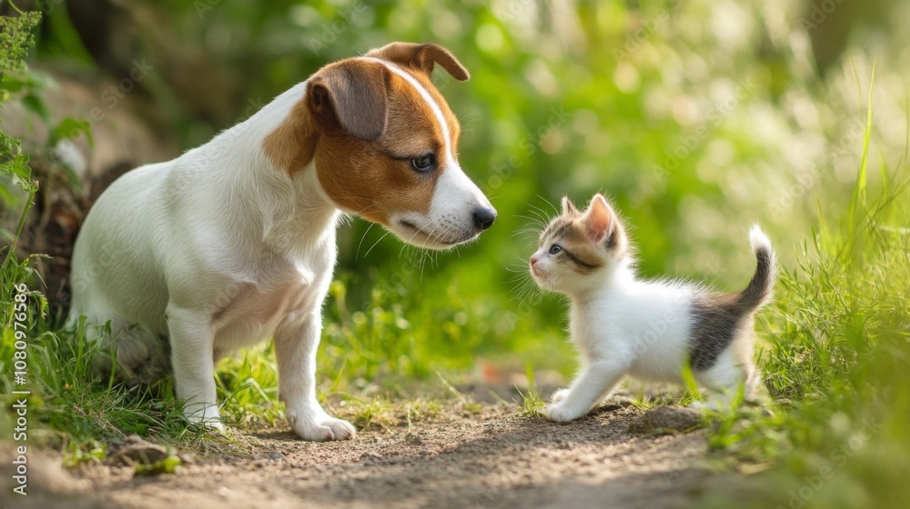 Cute Dog and Kitten Playing in the Grass: Adorable Pet Friends Cute Dog and Kitten Playing in the Grass: Adorable Pet Friends