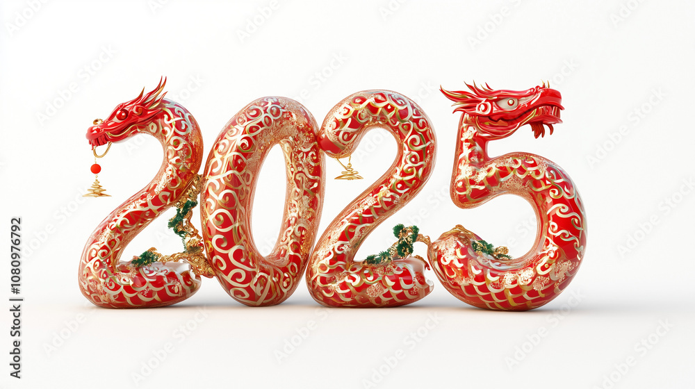 2025 Chinese New Year, combining the snake with numbers, in a Chinese ornate style on a white background, Year of the Snake. 3D render illustration 2025 Chinese New Year, combining the snake with numbers, in a Chinese ornate style on a white background, Year of the Snake. 3D render illustration