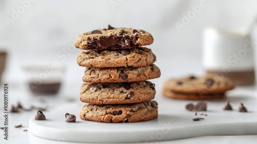 Stack of chocolate chip cookies with soft chocolate melting, isolated on a clean white background for a simple, mouth-watering look