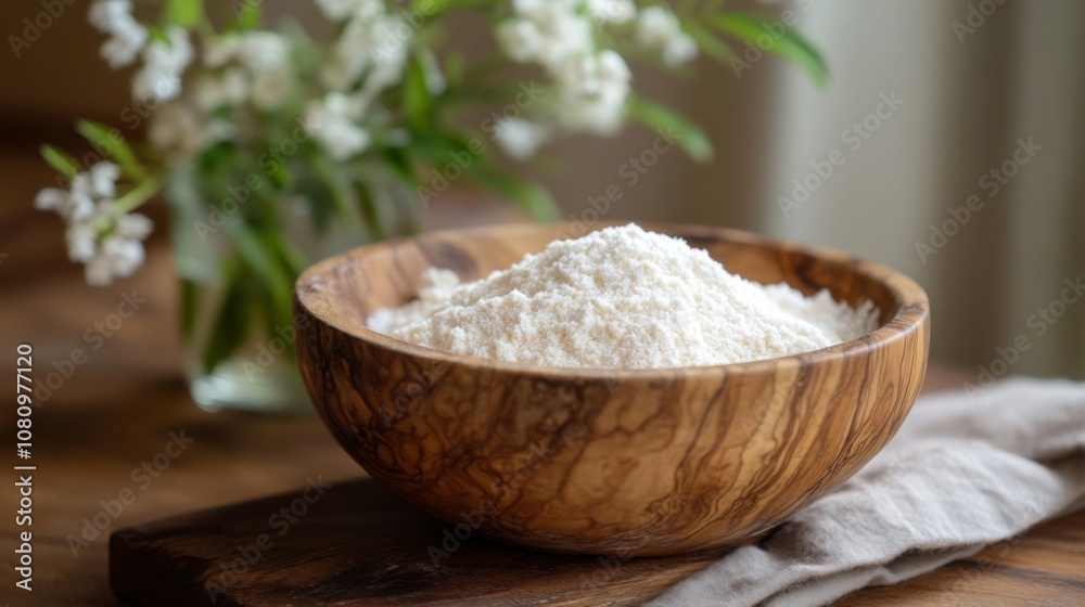Close-up of a Wooden Bowl Filled with White Flour Close-up of a Wooden Bowl Filled with White Flour