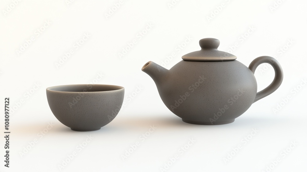 Teapot and ceramic cup for green tea on a white background, minimalist and traditional, perfect for cultural simplicity Teapot and ceramic cup for green tea on a white background, minimalist and traditional, perfect for cultural simplicity