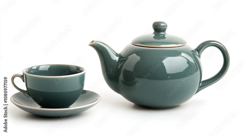 Traditional green tea set with teapot and ceramic cup isolated on white, capturing elegance in simplicity Traditional green tea set with teapot and ceramic cup isolated on white, capturing elegance in simplicity