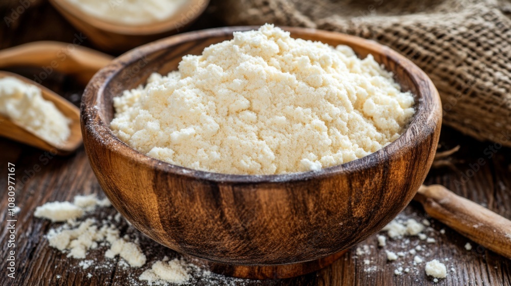 Close-up of White Flour in Wooden Bowl for Baking Close-up of White Flour in Wooden Bowl for Baking