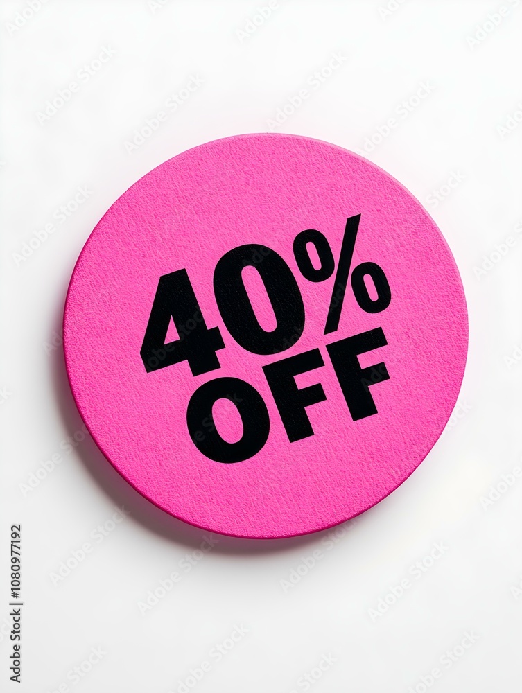 Black '40% OFF' Text on a Magenta Round Paper Note. White Background Black '40% OFF' Text on a Magenta Round Paper Note. White Background