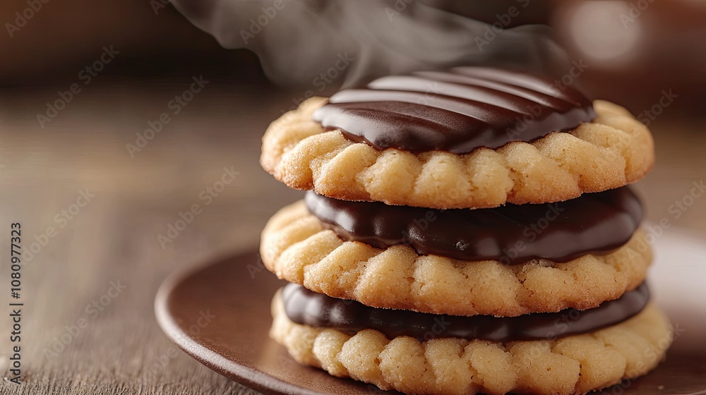 Warm cookies with melted chocolate filling stacked on top of each other, steam rising slightly to show freshness Warm cookies with melted chocolate filling stacked on top of each other, steam rising slightly to show freshness