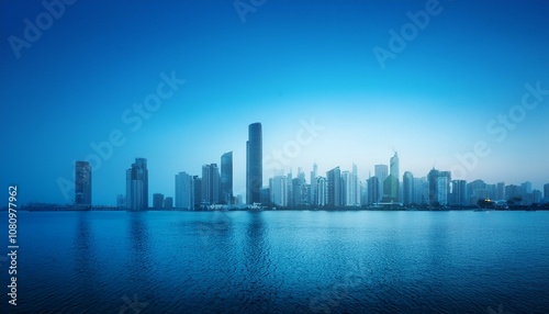 serene city skyline with gradient of blue hues creates calming atmosphere