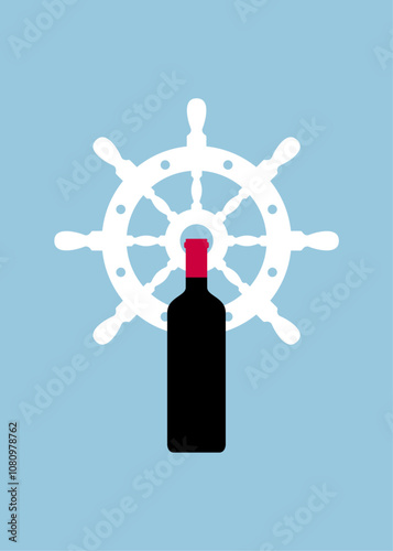 Logo beach bar. Banner con silueta de botella de vino o bebida alcohólica con rueda de timón de barco