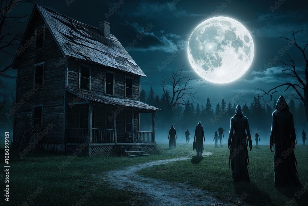 Haunting Halloween Scene with Abandoned Cabin and Mysterious Shadows Under Full Moon Haunting Halloween Scene with Abandoned Cabin and Mysterious Shadows Under Full Moon