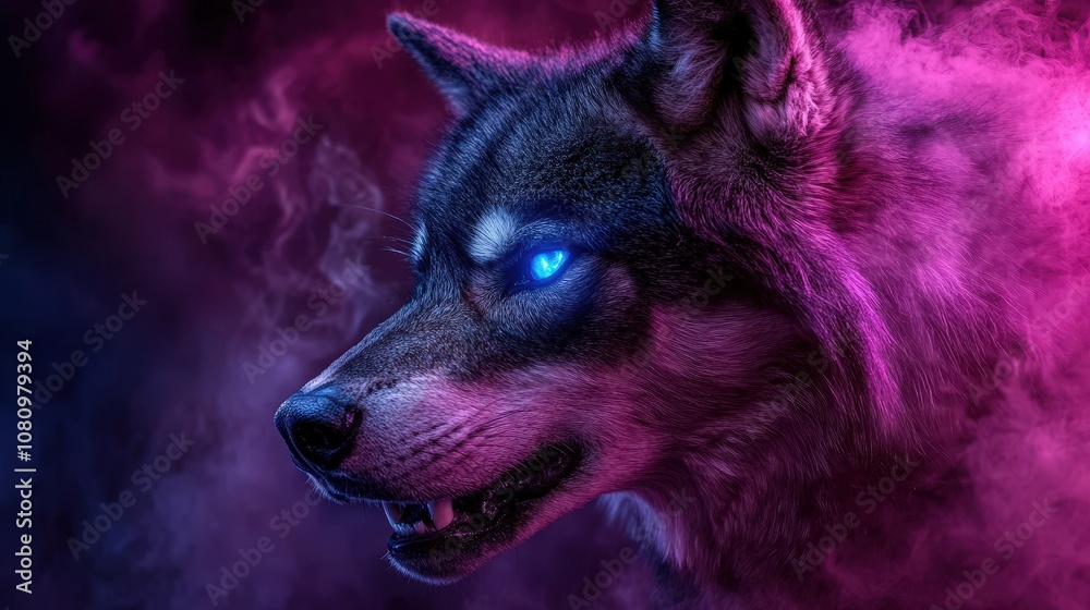 A fierce wolf with mesmerizing glowing eyes emerges from swirling purple mist, embodying power and mystery in a captivating, digitally enhanced scene. A fierce wolf with mesmerizing glowing eyes emerges from swirling purple mist, embodying power and mystery in a captivating, digitally enhanced scene.
