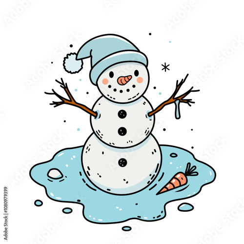 The snowman has melted. Hello Spring. spring thaw. flat vector illustration in cartoon style isolation on a blue background.