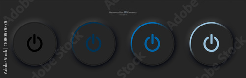 A set of four black round buttons with black and blue backlight and power symbols. User interface elements for mobile devices in the style of neymorphism, UI, UX. Vector EPS 10.