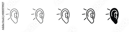 Set 5 Ear icons 1 unexpanded vector 1 silhouette, Editable line icons set featuring hearing damage and aid, comprehensive collection of customizable line ear icons