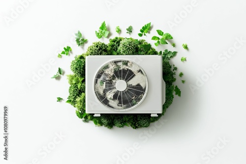 Air conditioner surrounded by green foliage. photo