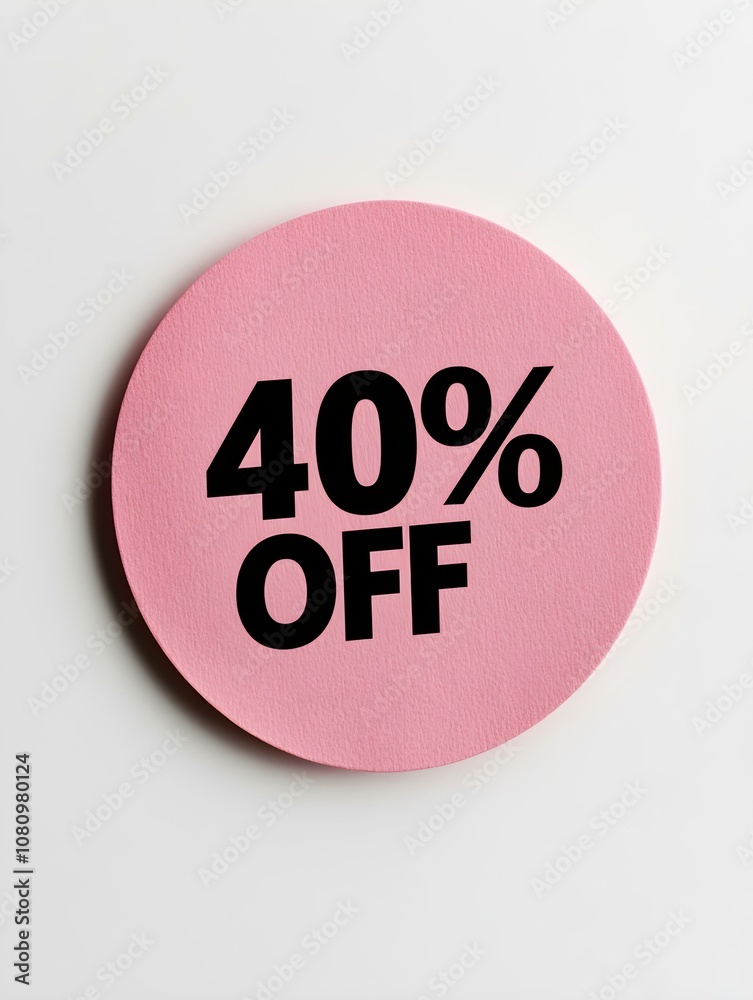 Black '40% OFF' Text on a Pink Round Paper Note. White Background Black '40% OFF' Text on a Pink Round Paper Note. White Background