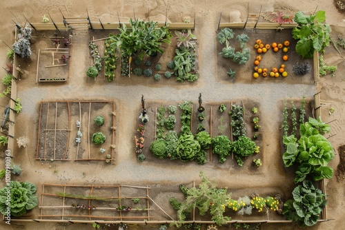 An overhead shot of a meticulously designed sustainable garden with multiple sections for diverse vegetable crops and a distinct pumpkin patch A blueprint layout for a sustainable garden photo