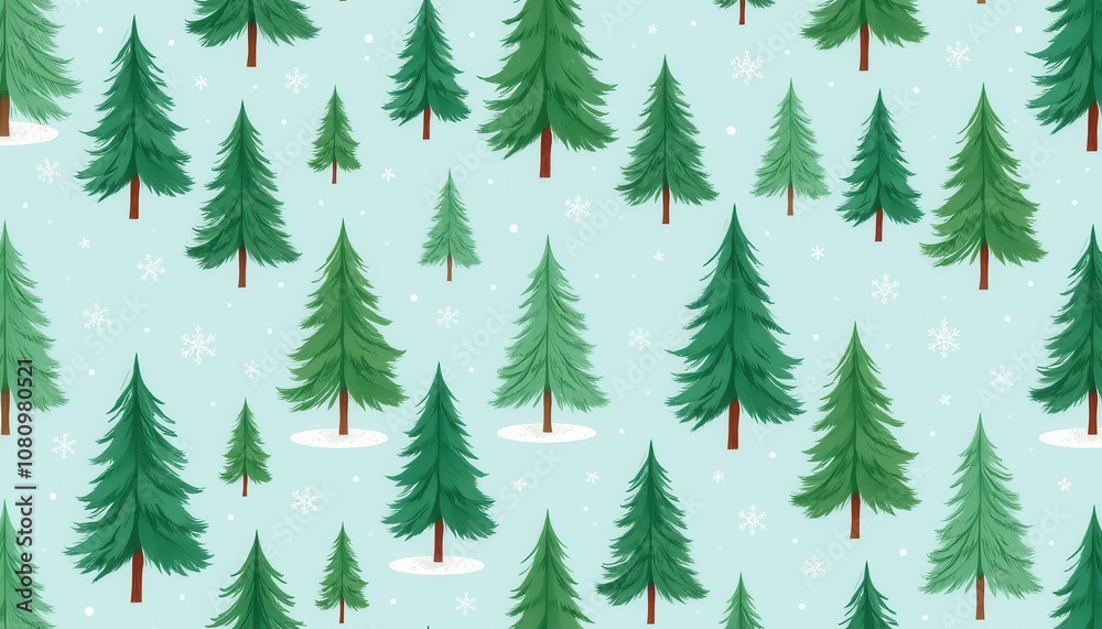 Winter forest seamless pattern with pine trees and snowflakes Winter forest seamless pattern with pine trees and snowflakes