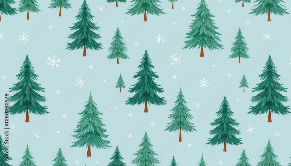 Winter forest seamless pattern with pine trees and snowflakes Winter forest seamless pattern with pine trees and snowflakes