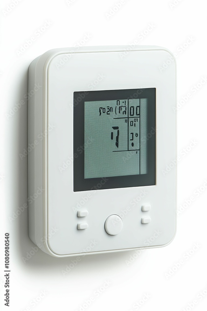 A white thermostat with a digital display. A white thermostat with a digital display.