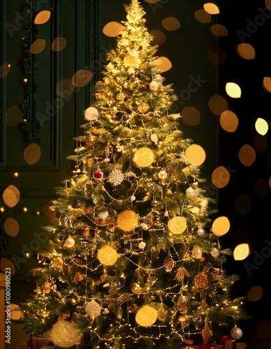 Defocused Christmas tree. Defocused Lights. Christmas tree background