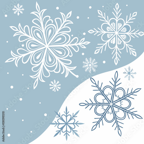 Winter Wonderland: A delicate arrangement of snowflakes in various sizes and styles adorns a backdrop of soft blue and white, evoking a sense of peace and tranquility.  