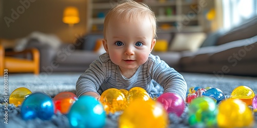 A baby playing with colorful balls on a rug.