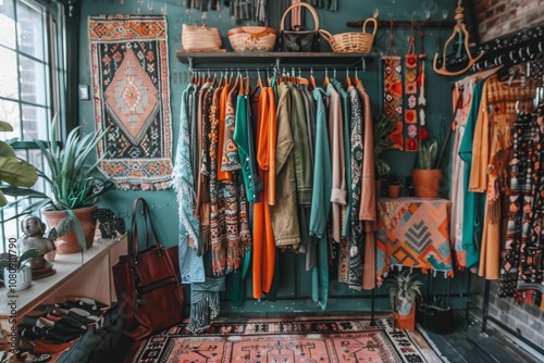 A small, eclectic clothing boutique featuring a wide selection of trendy and unique apparel on display A boutique clothing store with trendy and unique fashion pieces