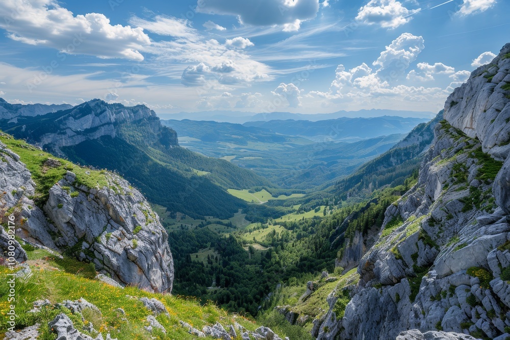 Fototapeta premium A scenic view from a mountaintop overlooking a lush valley in the French Alps A breathtaking vista of a valley below from a high ridge