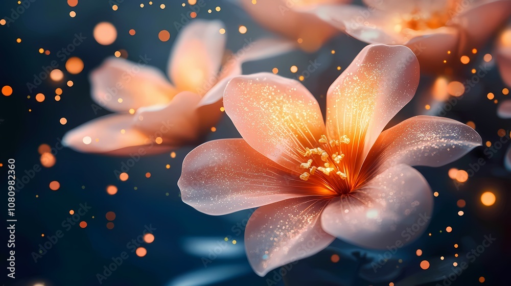 Delicate flowers with soft orange and pink petals, shimmering in golden light. Surrounded by bokeh effects, it evokes an ethereal and dreamy atmosphere.